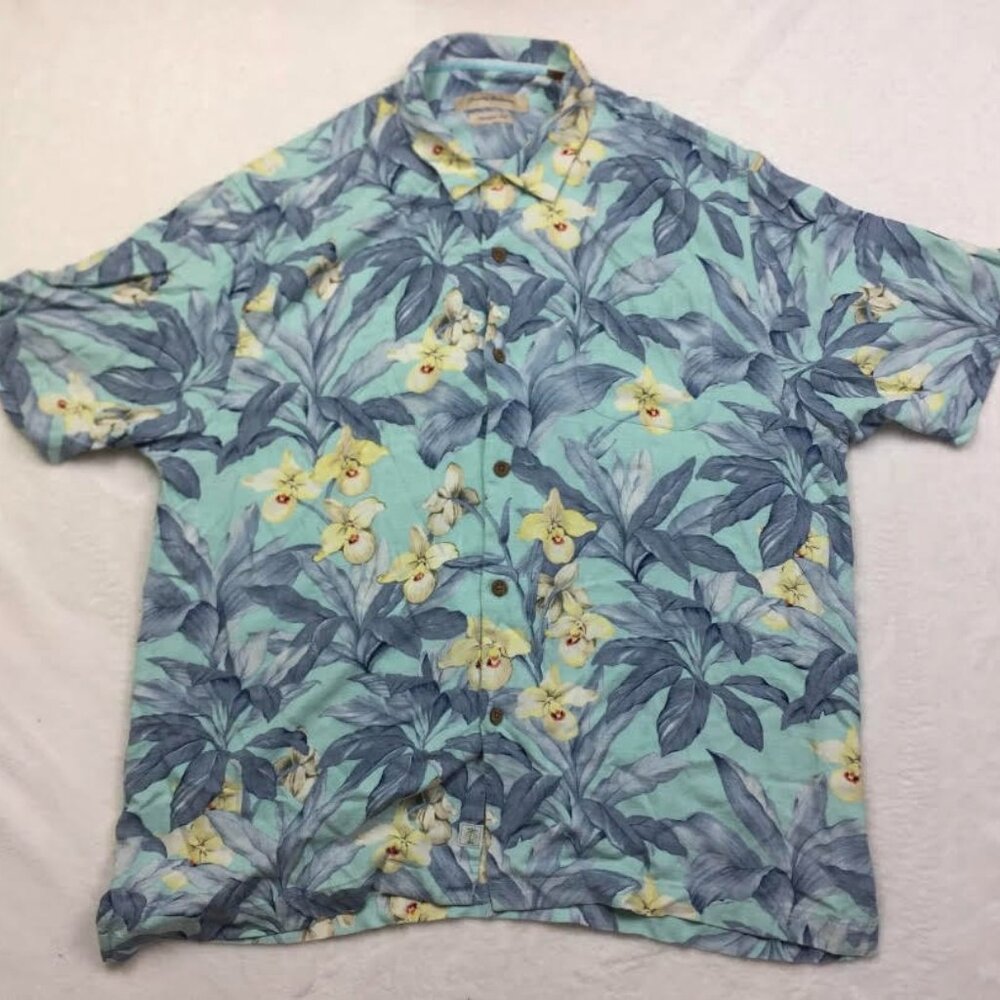 Tommy Bahama Hawaiian Shirt XL Mens Blue Yellow Floral Original Fit 100% Silk